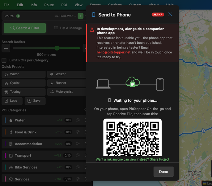 Send to Phone modal showing a QR code, waiting for the phone