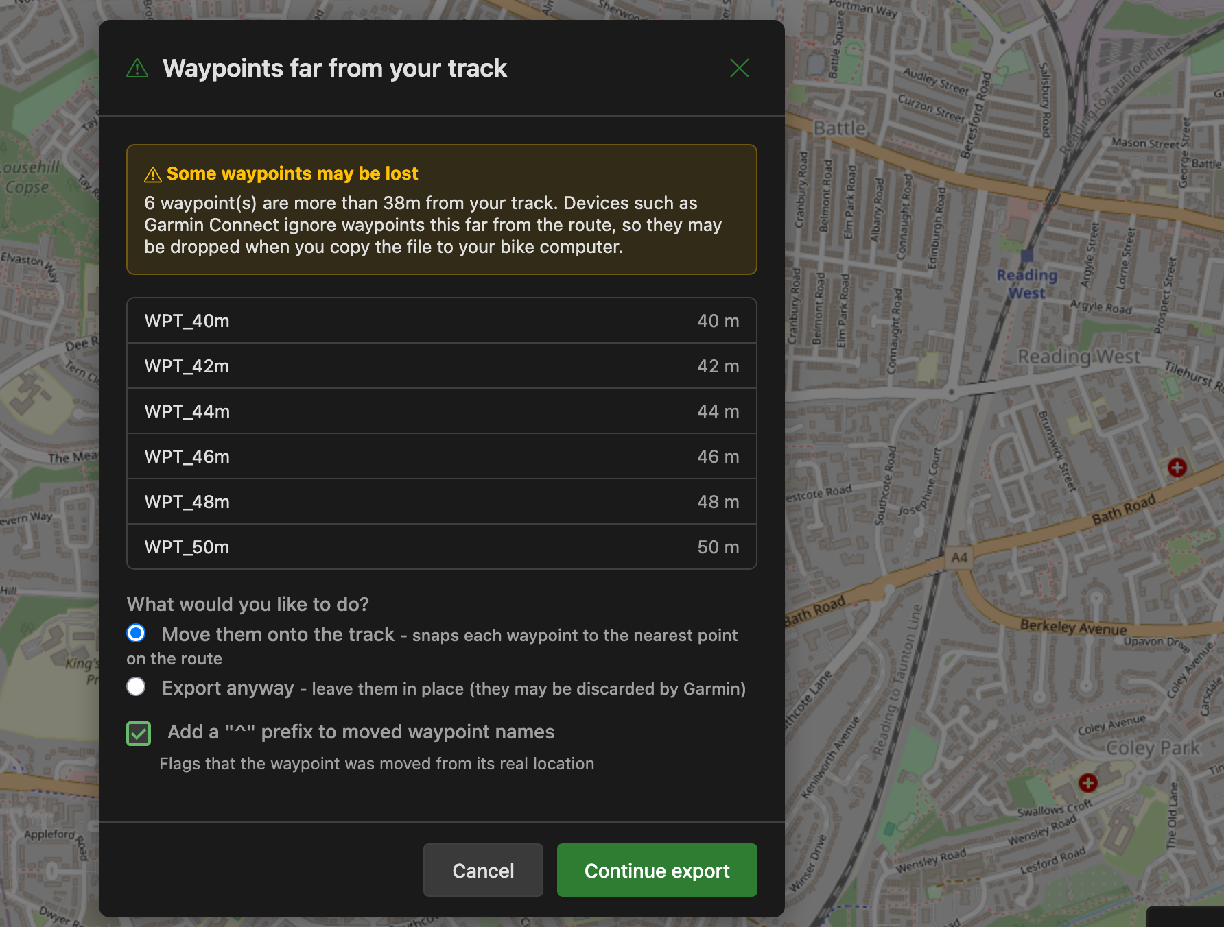 Export warning listing waypoints too far from the track, with an option to move them onto the route