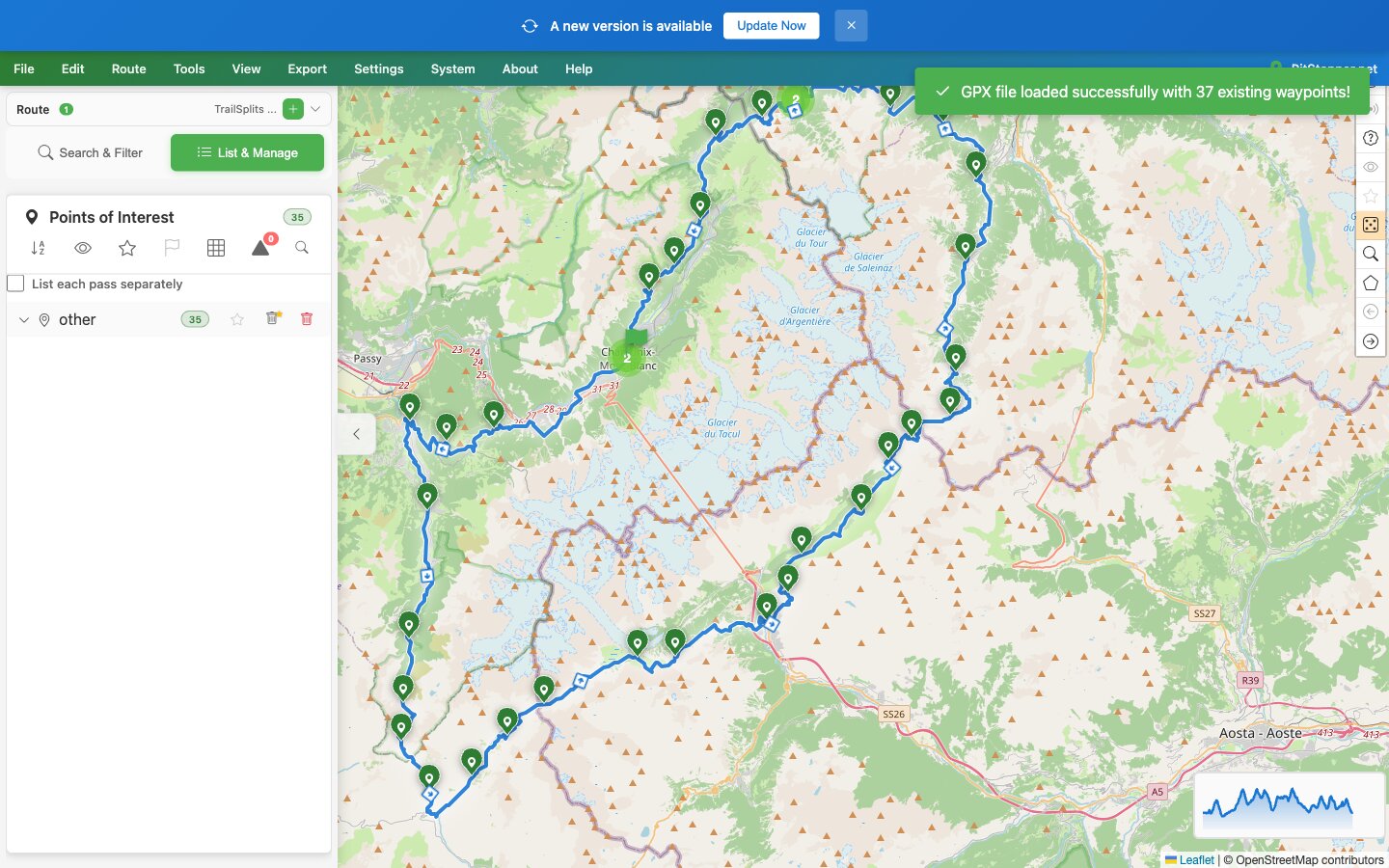 The same file, read properly: track as the course - a clean 172.4 km loop through France, Italy and Switzerland The same UTMB file loaded correctly: a clean 172.4 km loop around Mont Blanc