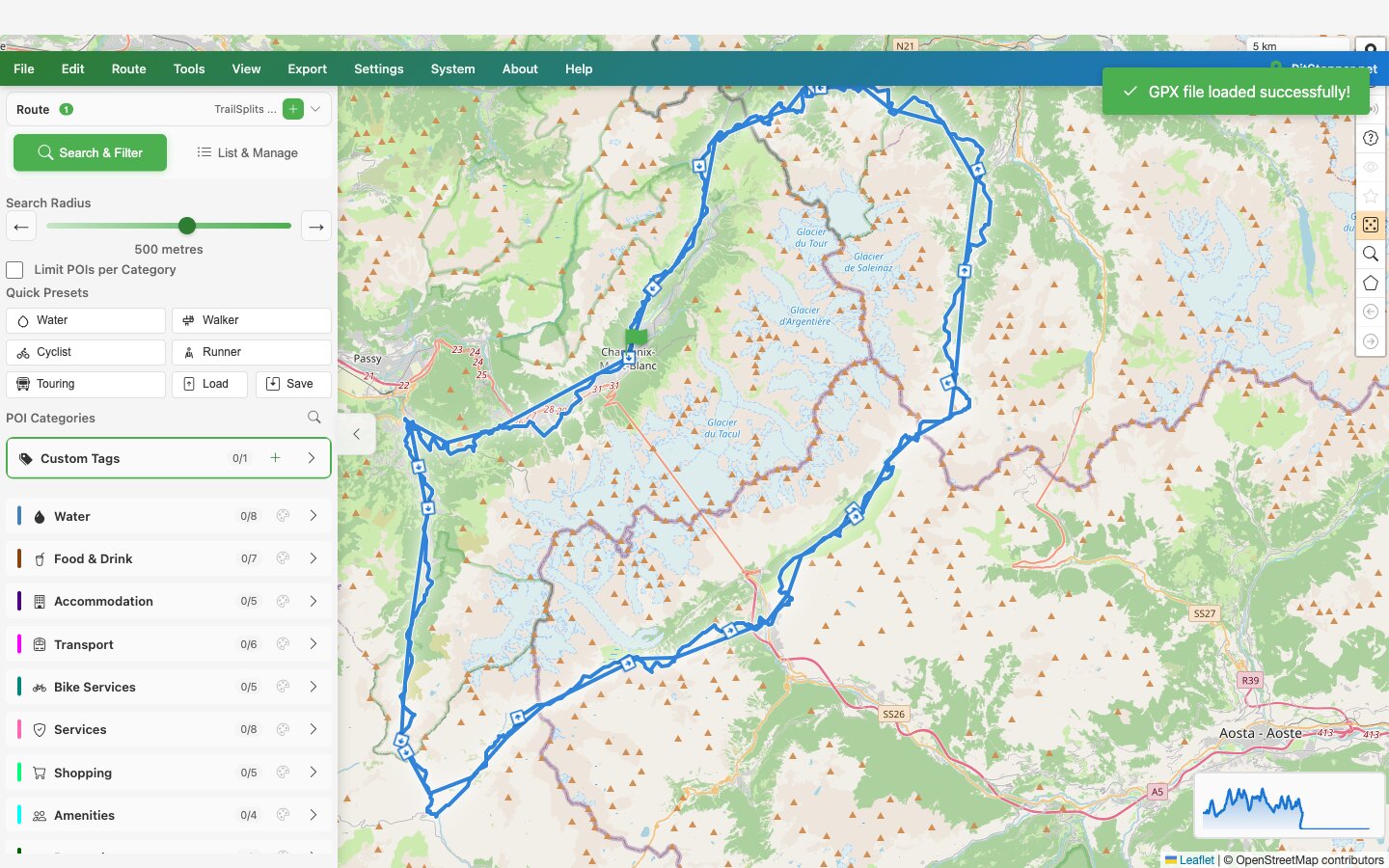 The 288 km reading: the real winding course, plus a phantom zigzag of straight lines - note the flat tail on the elevation profile A route map showing the real UTMB course plus phantom straight lines cutting across the Mont Blanc massif