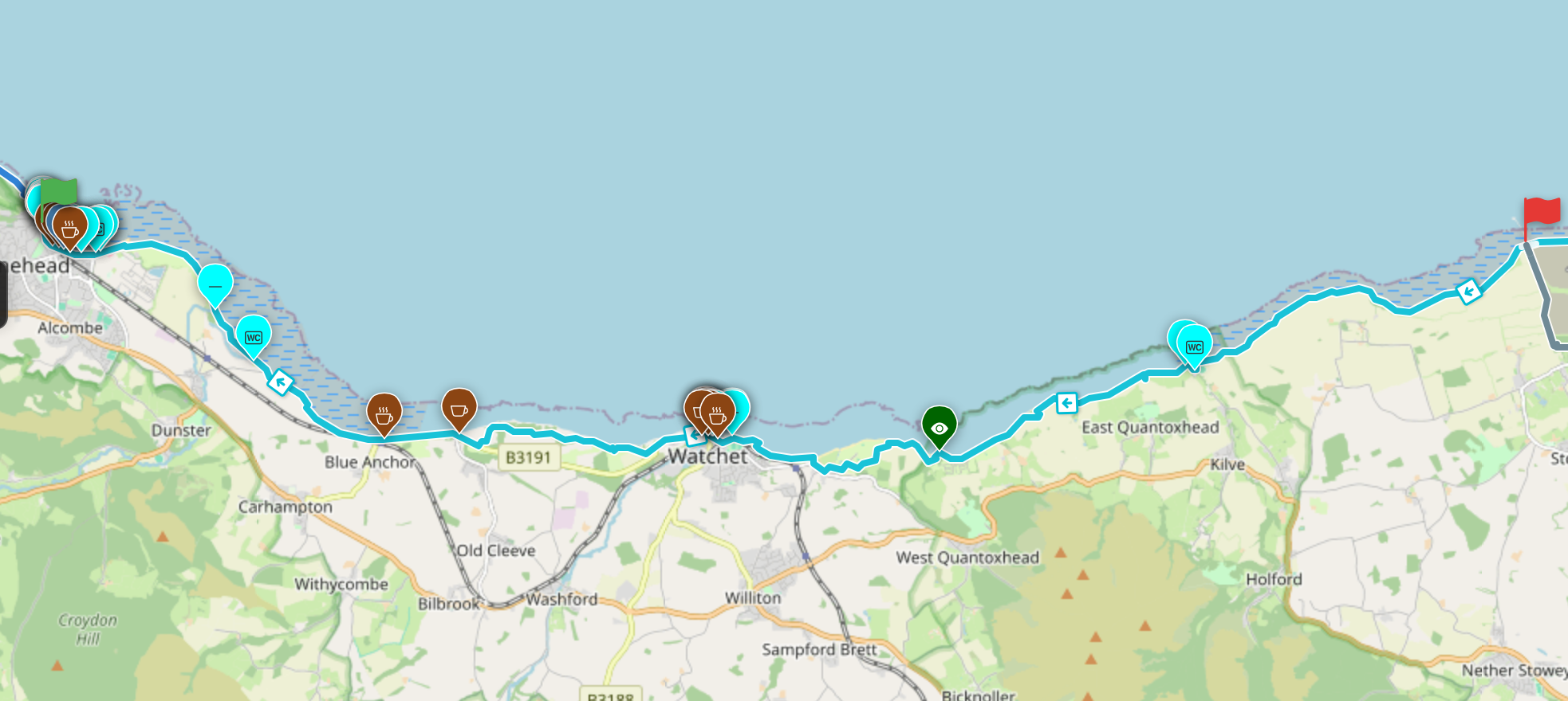 POIs discovered along the England Coast Path near Watchet, Somerset - water points, cafes, and more PitStopper showing POIs along the England Coast Path near Watchet, Somerset