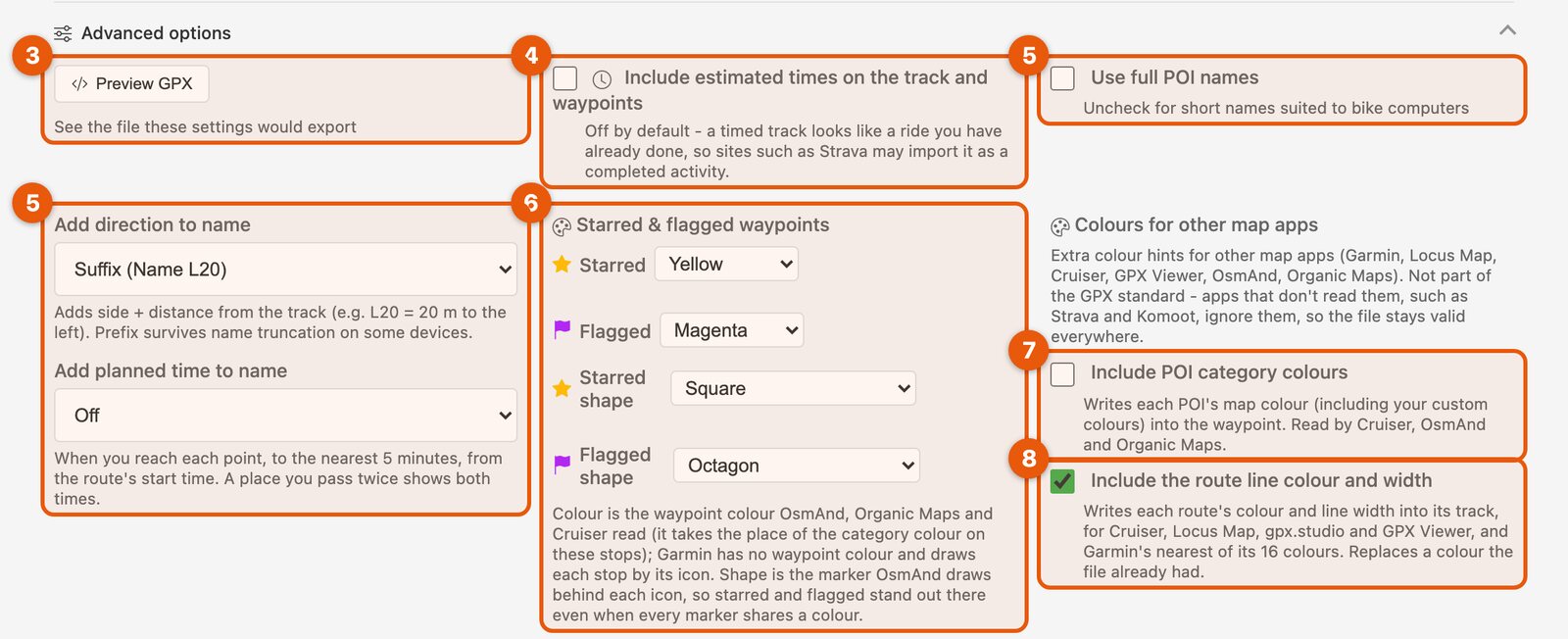 The Advanced options of the Export GPX dialog, with numbered boxes: 3 Preview GPX, 4 estimated times, 5 the name options, 6 starred and flagged waypoint colours and shapes, 7 POI category colours, 8 the route line colour and width