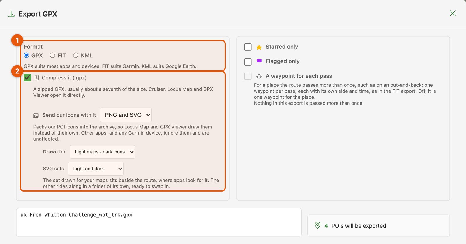 The front of the Export GPX dialog, with two numbered boxes: 1 the format choice of GPX, FIT or KML, and 2 Compress it (.gpz) with Send our icons with it