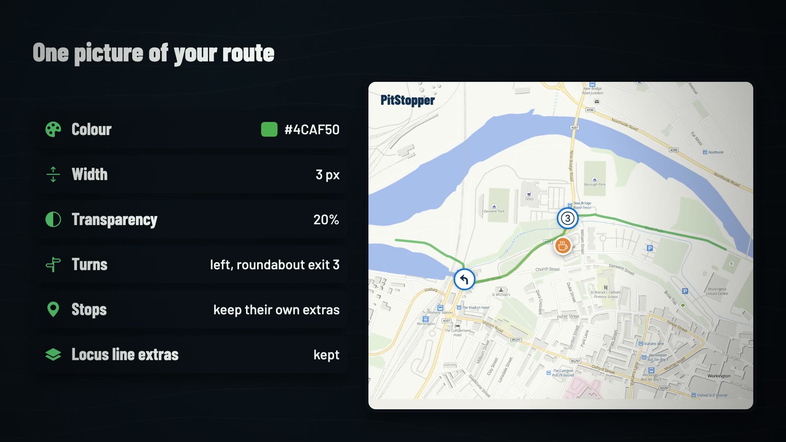 One picture of your route: the colour, width, transparency, turns, stops and Locus line extras gathered from the file, beside the route on a map