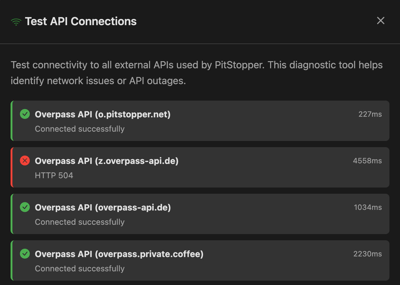 Test API Connections showing PitStopper's own Overpass server