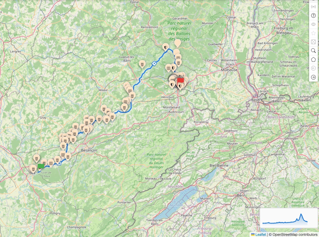 Stage 13, Dole to Belfort - châteaux along the way, and a tight ring of forts (shields) around the frontier city PitStopper map of the stage 13 route from Dole to Belfort, with forts clustered around Belfort