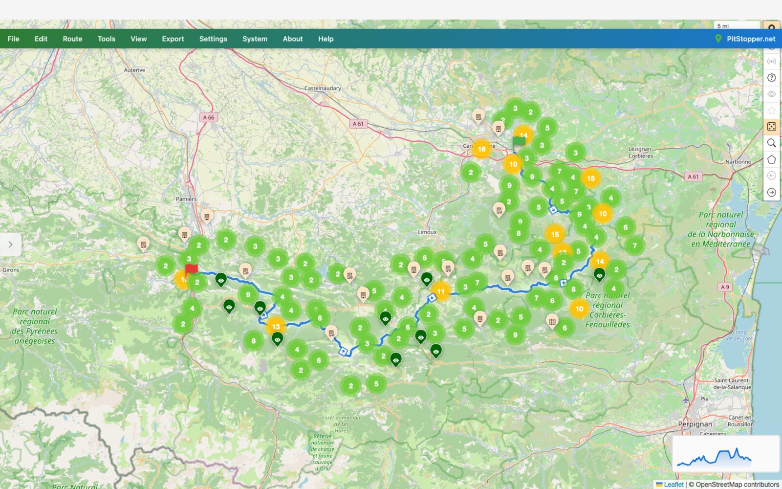 Stage 4 with everything switched on - the route buried under 500-plus sights within 10 km PitStopper showing hundreds of clustered historic sights along the Carcassonne to Foix stage