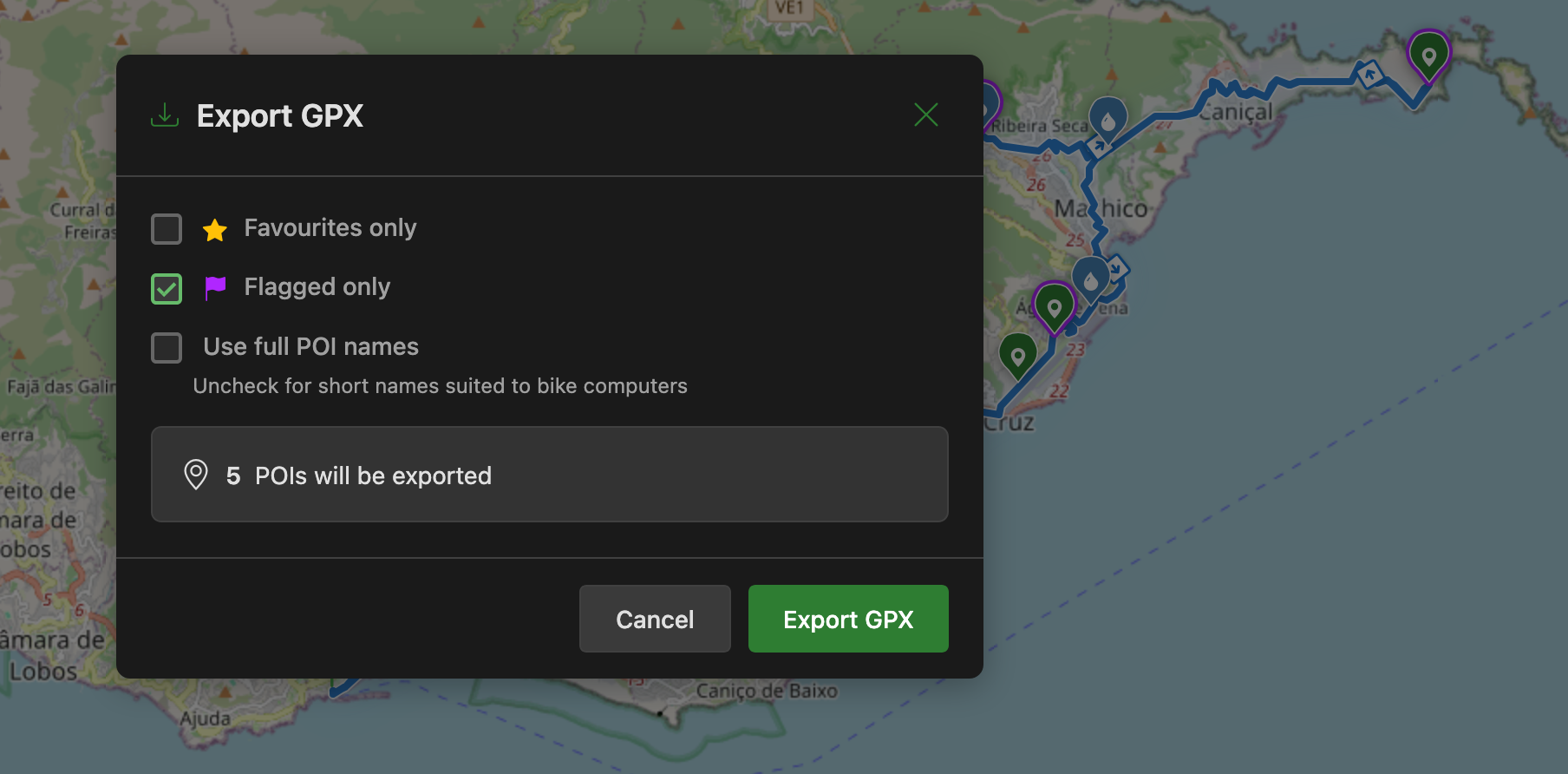 The Export GPX dialog with 