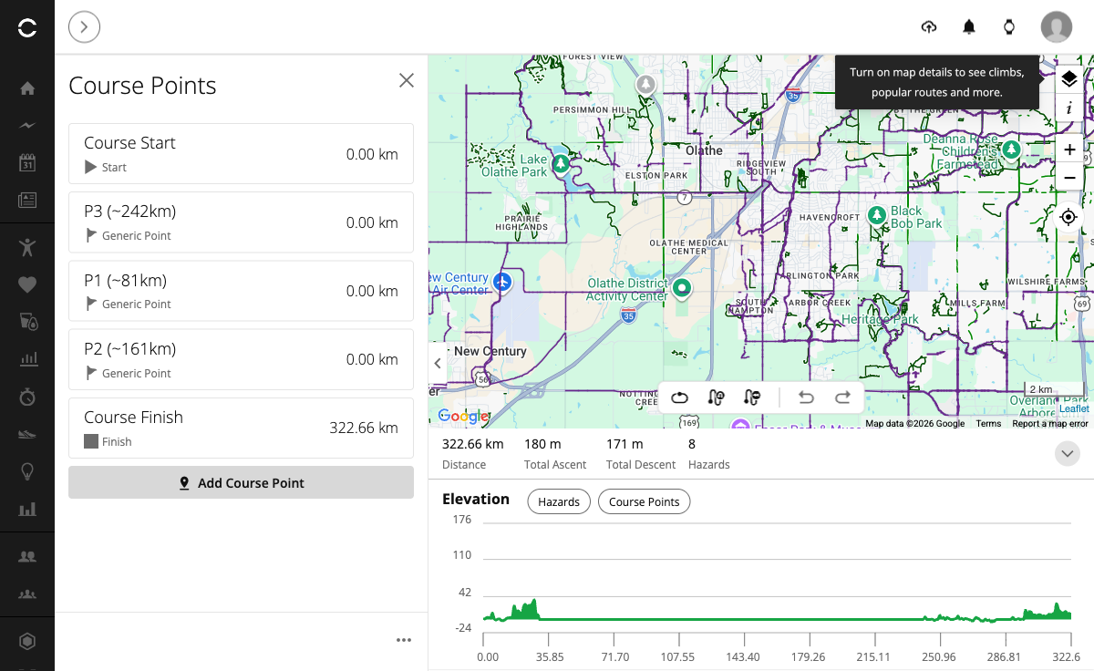 Garmin Connect showing a 322 km course where the total distance reads 322.66 km but every course point is listed at 0.00 km