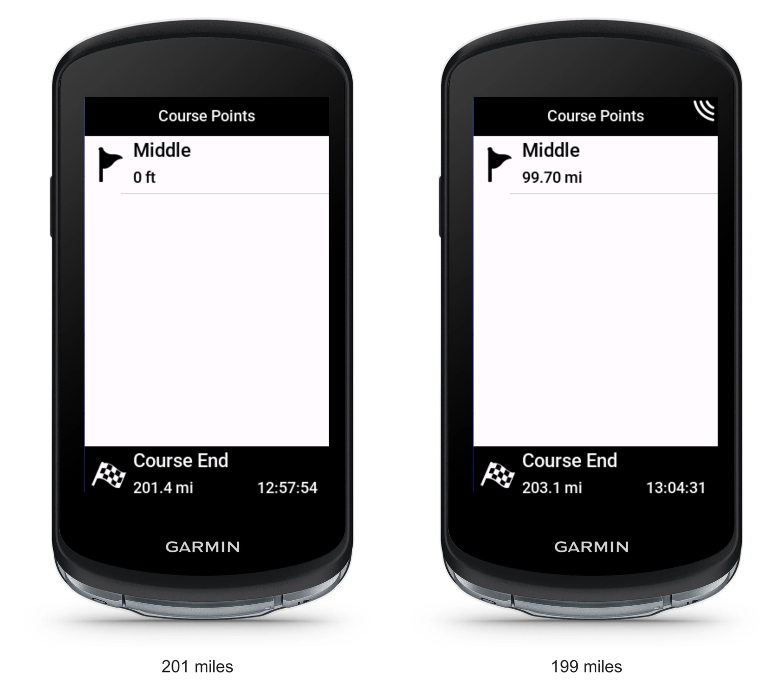 Two Garmin Edge 1040 cycling computers side by side, each showing the Course Points screen. On the 201-mile course the Middle course point reads 0 ft; on the 199-mile course it reads 99.70 mi.