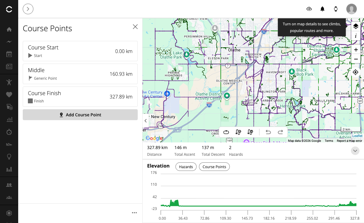 Garmin Connect course points for a 199.99 mile course - the Middle waypoint correctly at 160.93 km