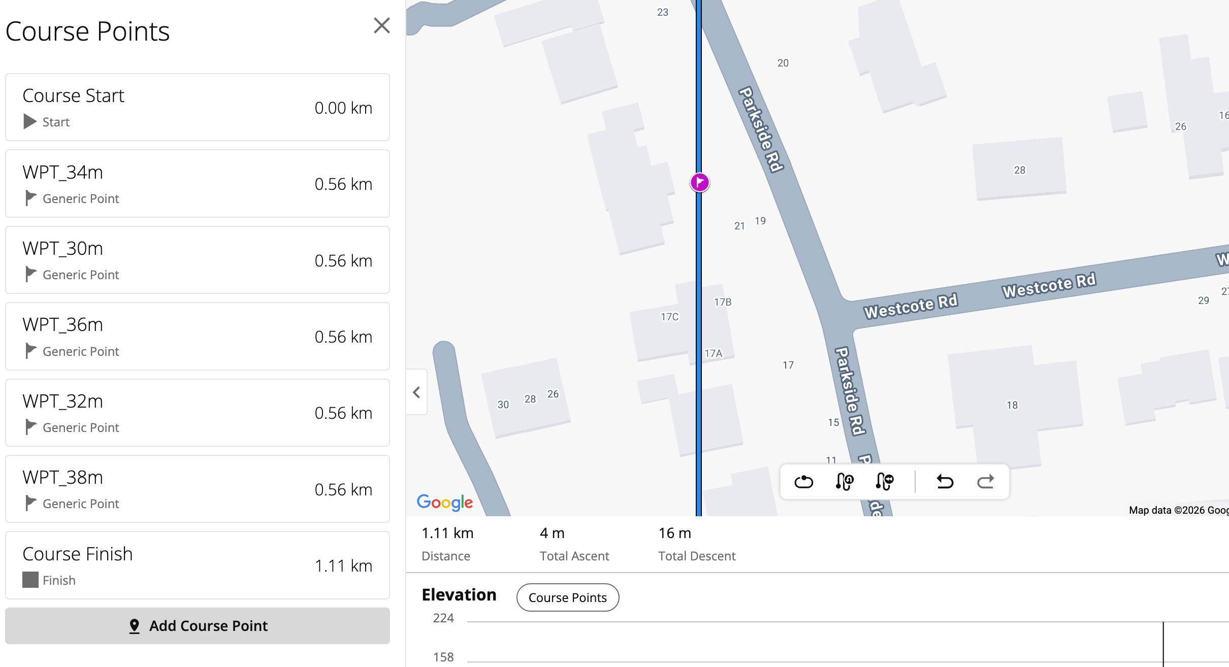 Garmin Connect Course Points list showing only the 30m to 38m waypoints survived