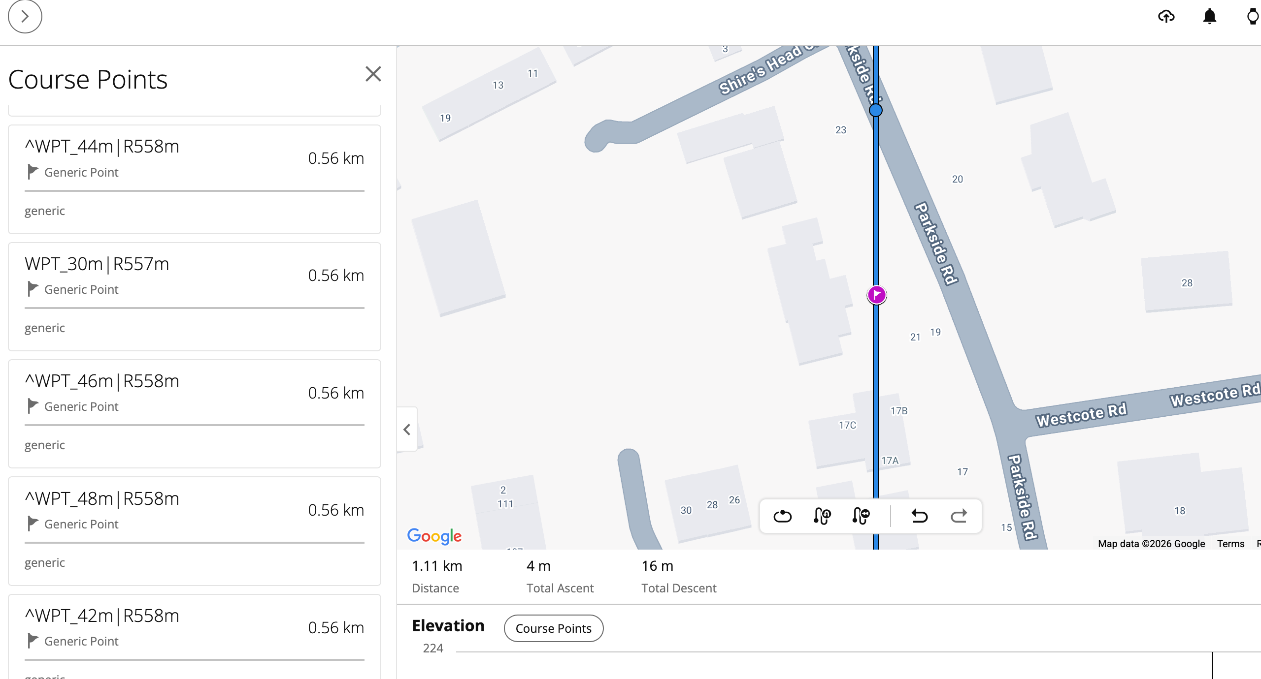 Garmin Connect Course Points list showing all waypoints imported, moved ones prefixed with a caret