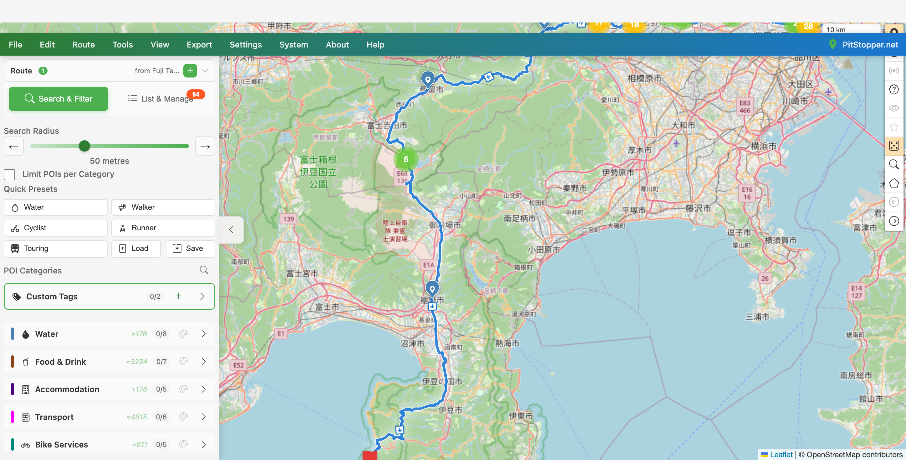 The Fuji and Suruga Bay section of the route with sparse roadside vending machine markers through the national park