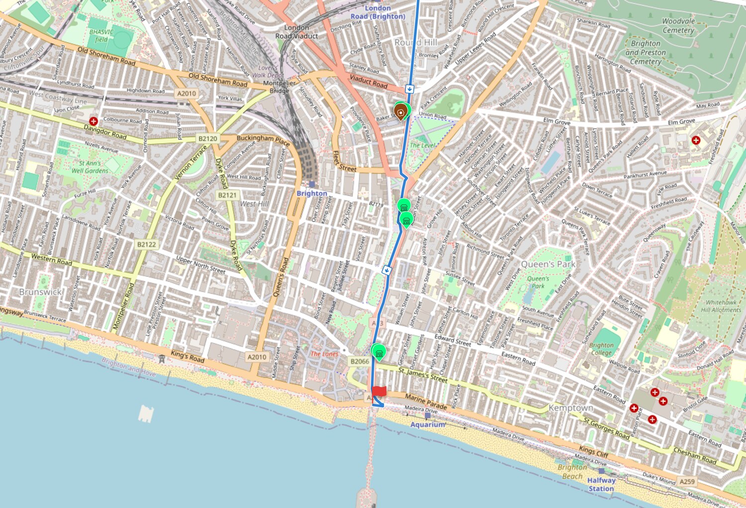 The Brighton end of the route, arriving at the seafront finish, with convenience stores and food stops marked right down to the promenade.