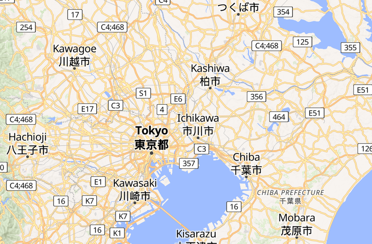 A map of the Tokyo region with each place labelled twice, the Latin reading above the Japanese characters: Tokyo above the kanji for Tokyo, Chiba, Kawasaki, Yokosuka