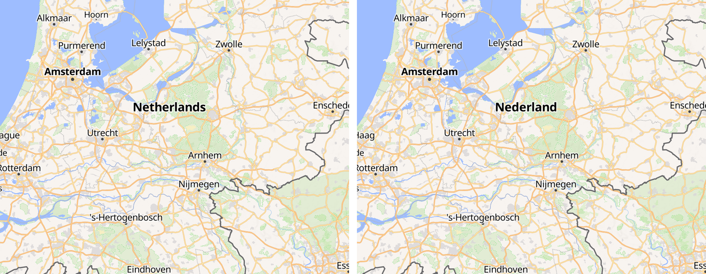 The Netherlands shown twice, English labels on the left and Dutch on the right, with The Hague becoming Den Haag
