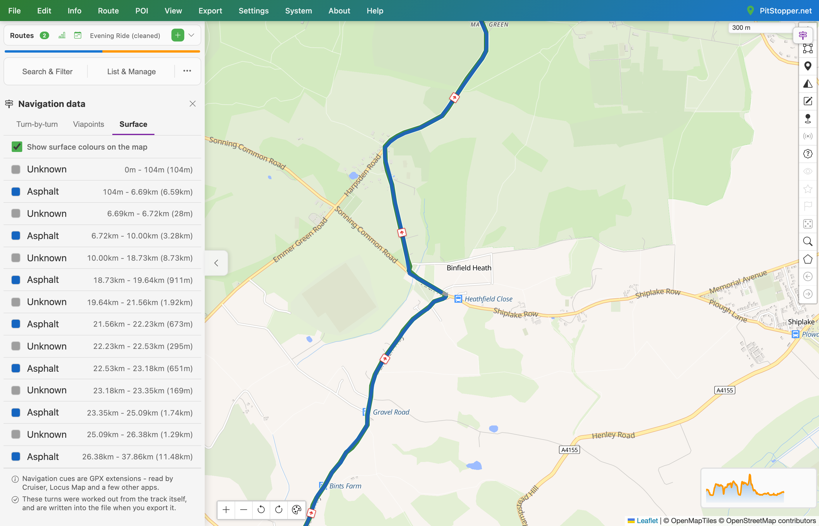 The Surface tab listing stretches of the ride as Asphalt or Unknown with distances, beside a map where the route is painted blue for paved
