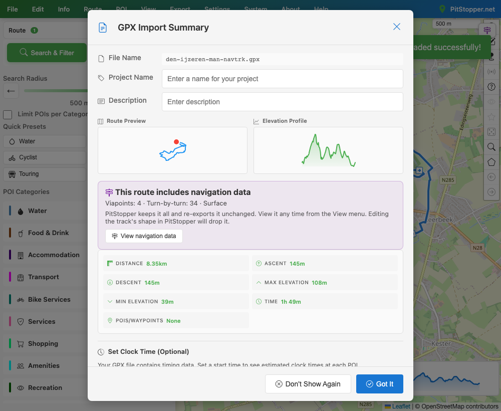PitStopper's GPX import summary leading with a navigation-data callout