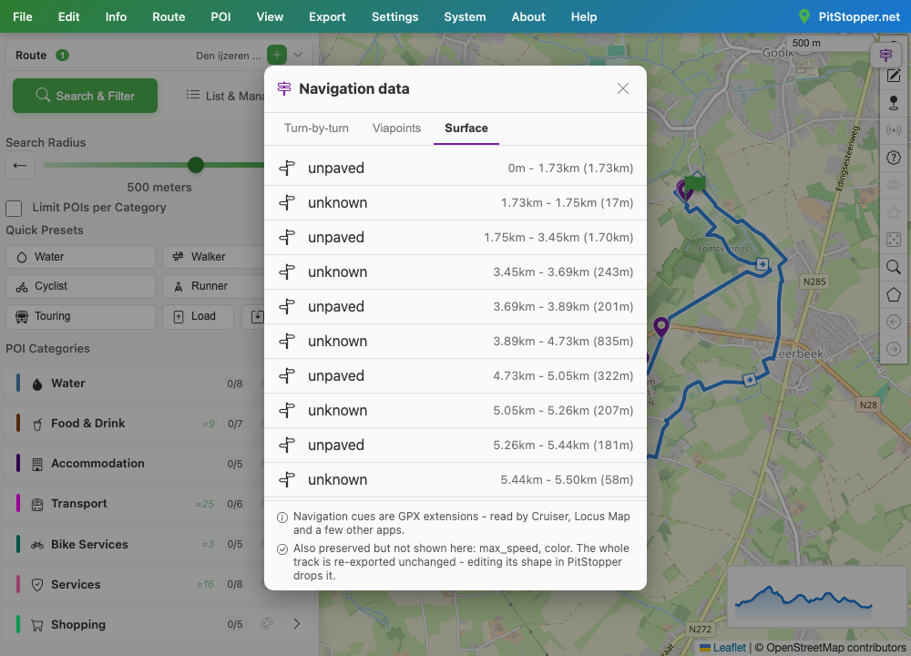 The tabbed Navigation data modal in PitStopper, on the Surface tab