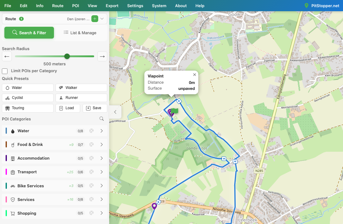 Viapoint markers on the PitStopper map, with one showing its detail popup