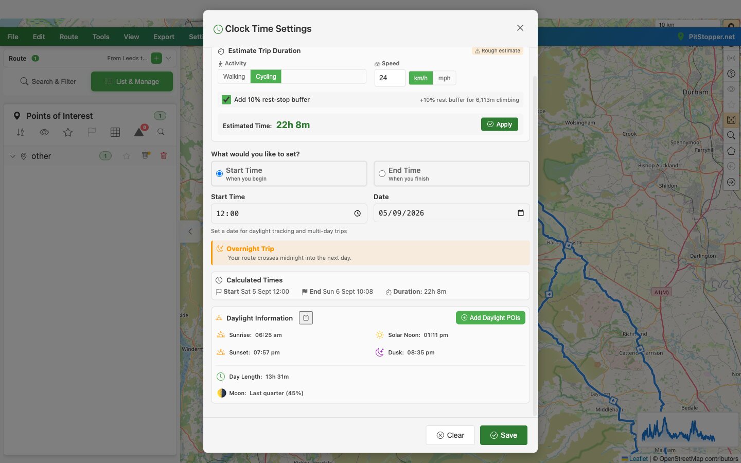 The plan in one panel: noon start, 10:08 finish, 13h 31m of daylight to spend on a 22-hour ride PitStopper's Clock Time Settings modal showing a 22h 8m estimate, overnight trip warning, and daylight information with sunrise, sunset and moon phase