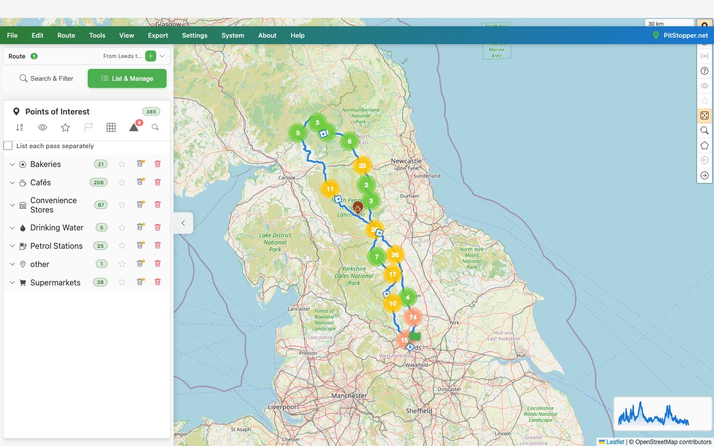Leeds to the border and back: 385 resupply points - 208 cafes, 87 convenience stores, 38 supermarkets, 25 petrol stations. Now ask how many are open at 2 am. PitStopper map of the full route from Leeds to the Scottish border, with resupply POI clusters along the way