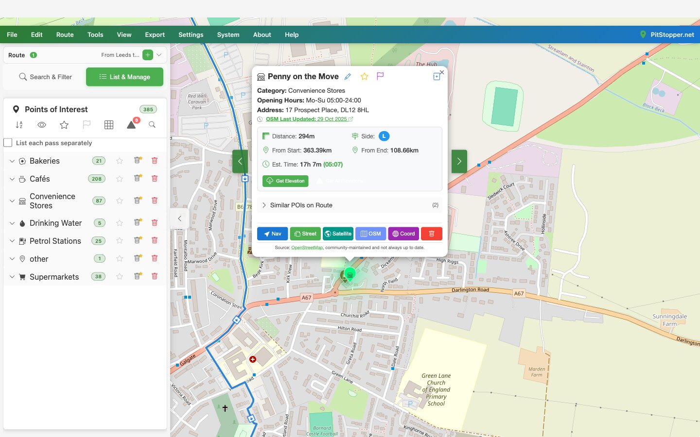 The most important shop in the North: opens 05:00, the model has you there at 05:07 PitStopper popup for the Penny on the Move convenience store showing opening hours from 05:00 and an estimated arrival of 05:07