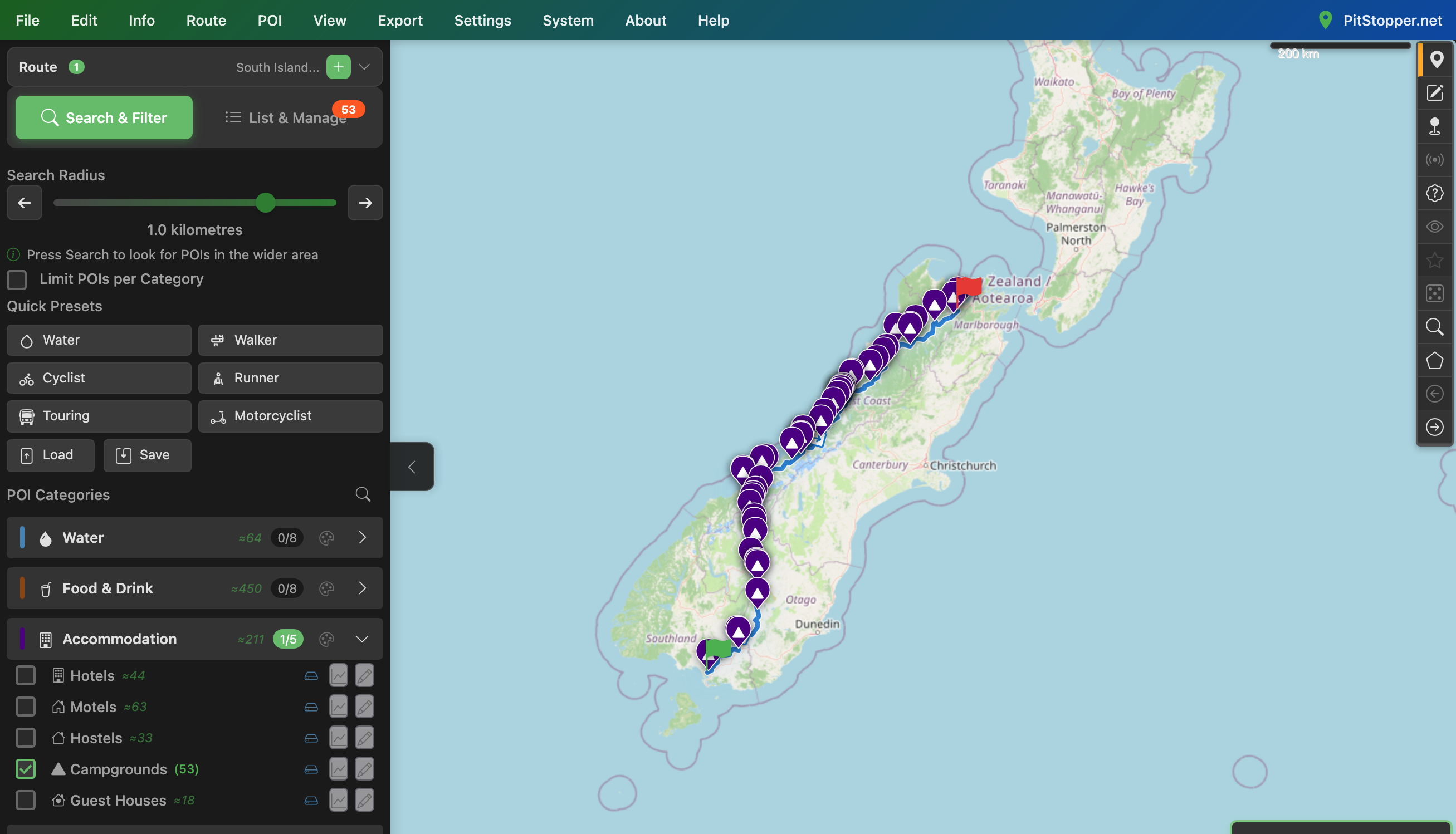 53 campgrounds within 1 km of the track, the length of the island PitStopper showing the South Island route with 53 campground markers strung along it, the Accommodation group open in the sidebar