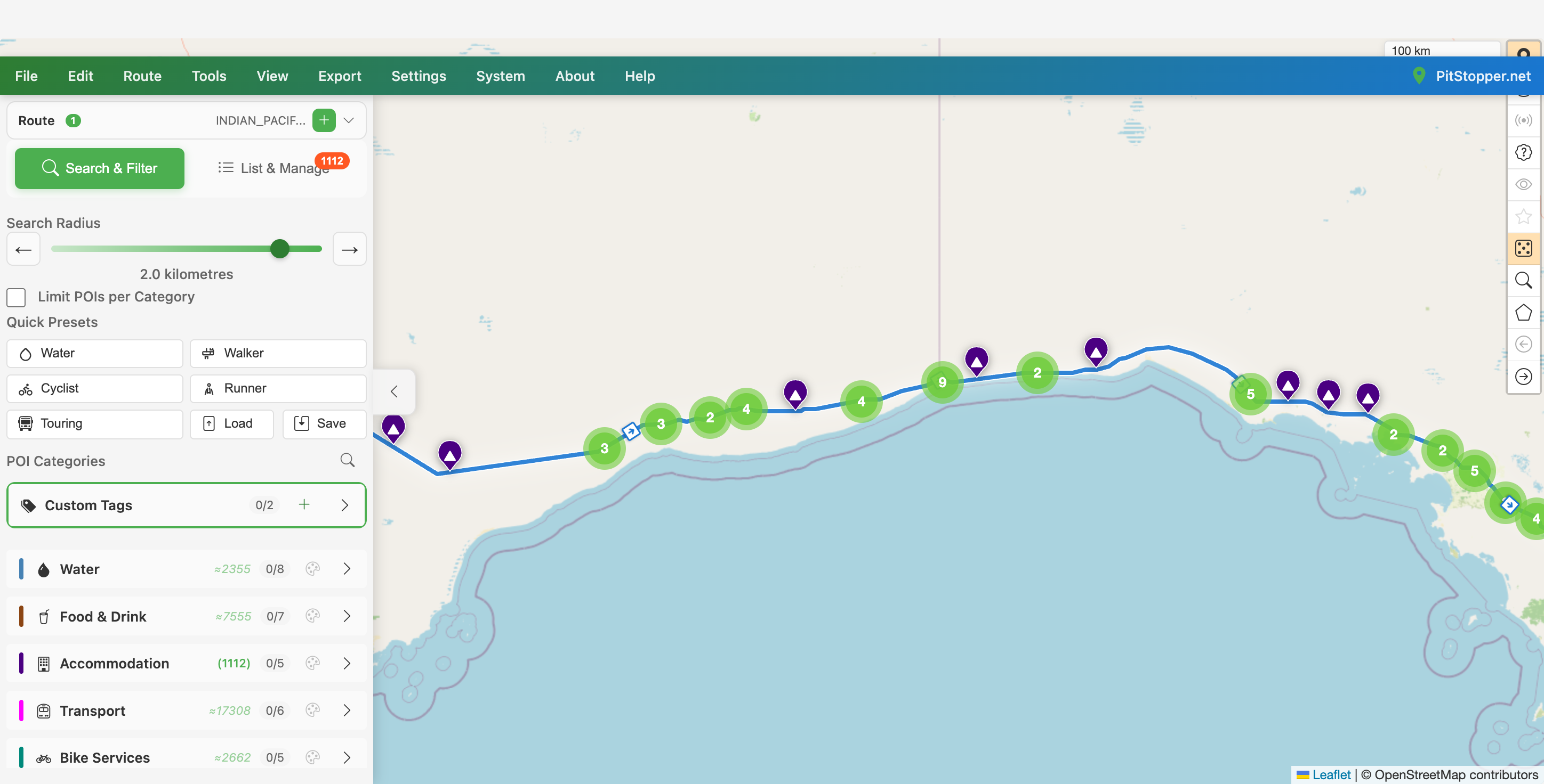 The Bight at 100 km scale: every purple pin is somewhere legal to lie down, and there is nothing in between The Nullarbor section of the route along the Great Australian Bight with isolated camping pins and tiny clusters at 100 km map scale