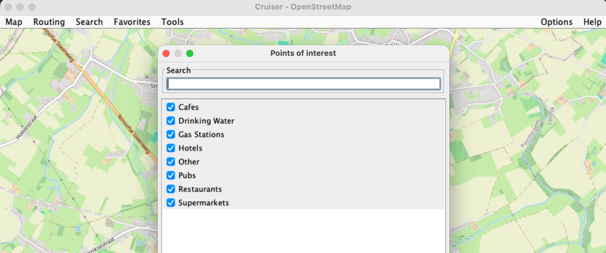 The categories from a PitStopper .poi file in Cruiser's filter - tick to show, untick to hide Cruiser's Points of interest panel listing the categories from a PitStopper .poi file: Cafes, Drinking Water, Gas Stations, Hotels, Other, Pubs, Restaurants, Supermarkets