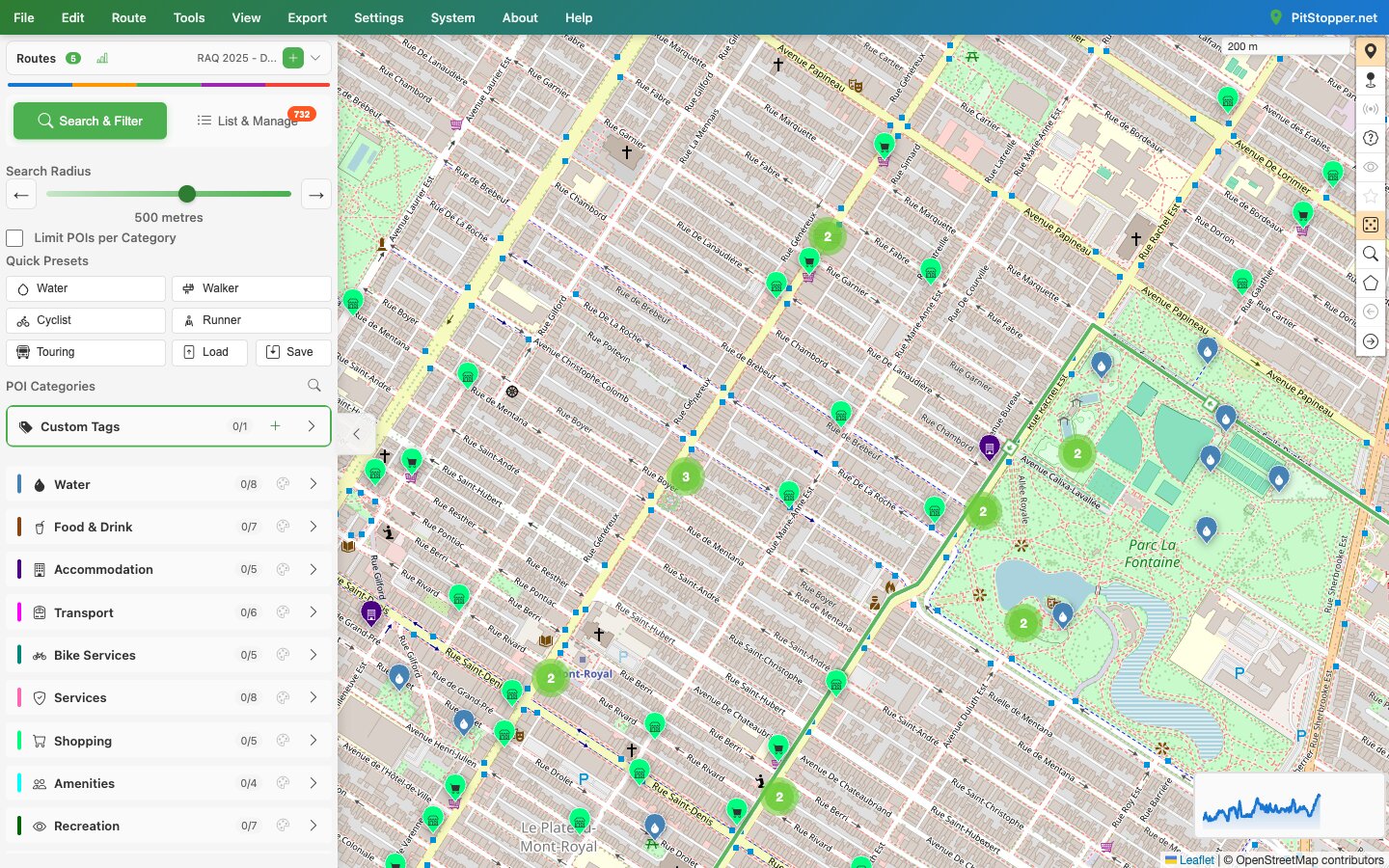 PitStopper map of the route crossing Montréal's Plateau grid, with convenience stores and water fountains on every block