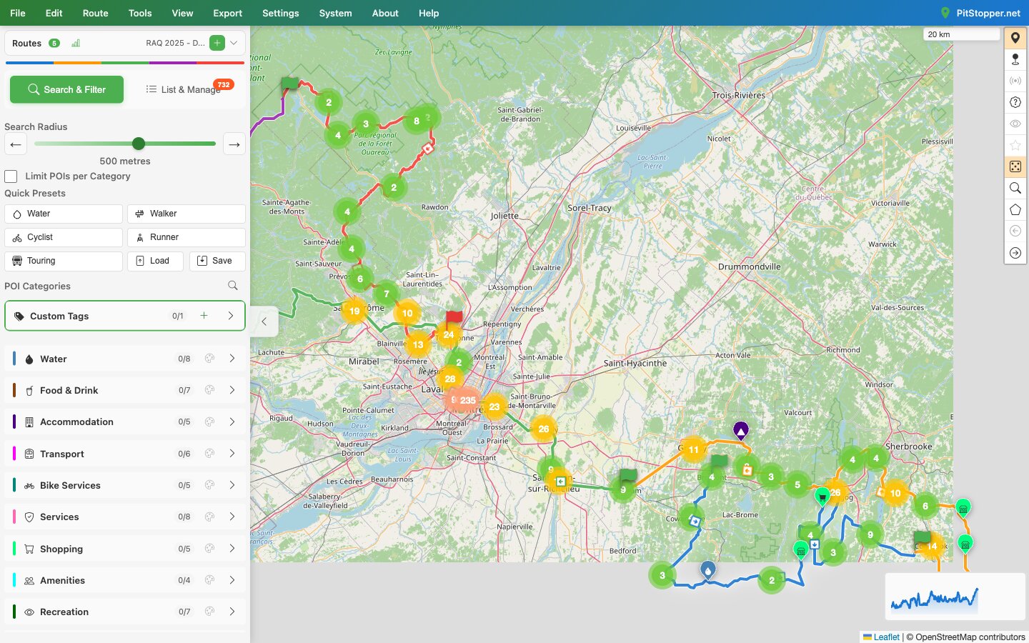 PitStopper showing all five day-stages of the Race Around Québec route in different colours, with resupply POI clusters