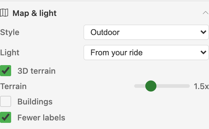The Map and light group: map style, light, 3D terrain with a vertical exaggeration slider, buildings, and fewer labels.