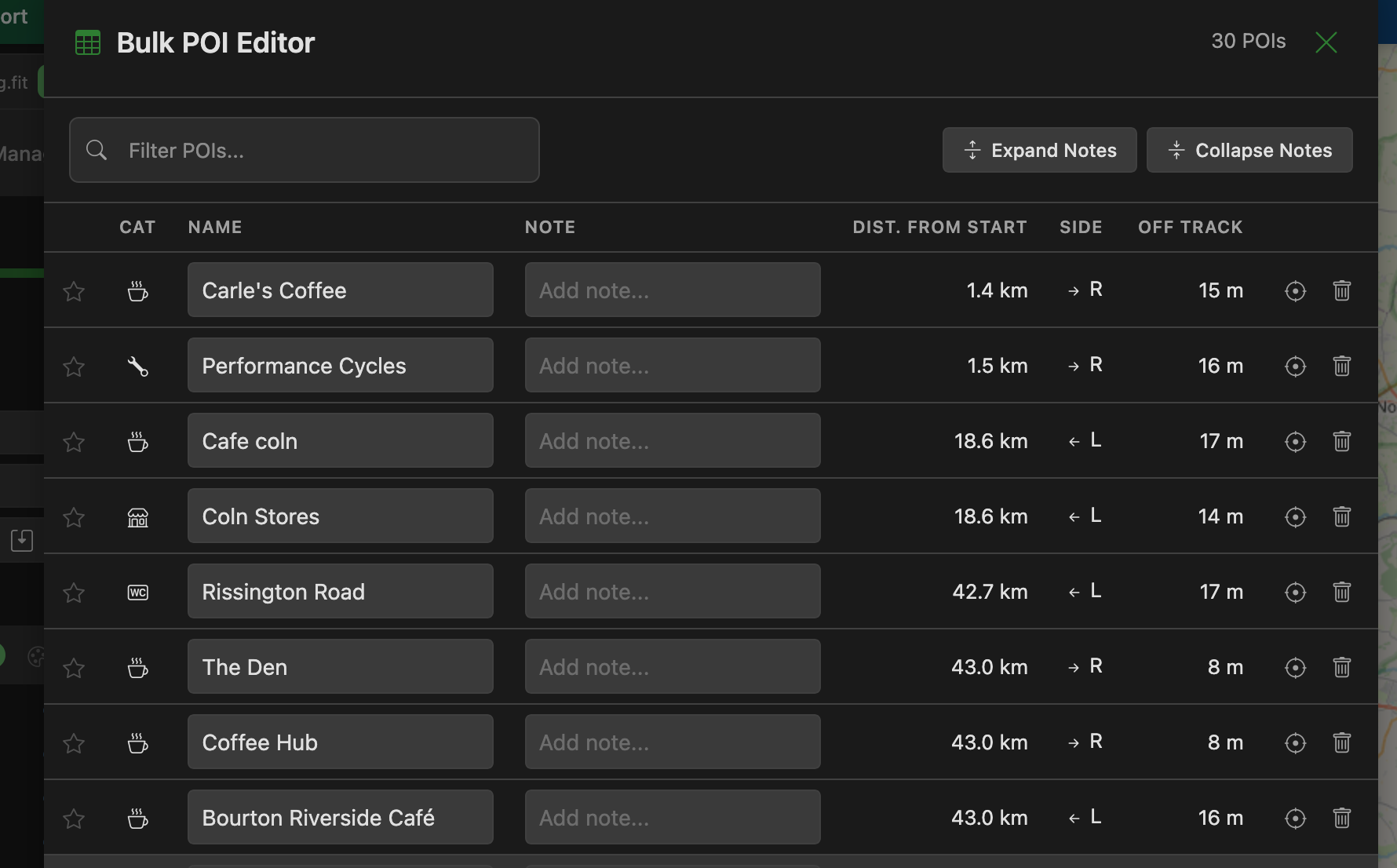 Bulk POI Editor showing cafes and shops along a Cotswolds route