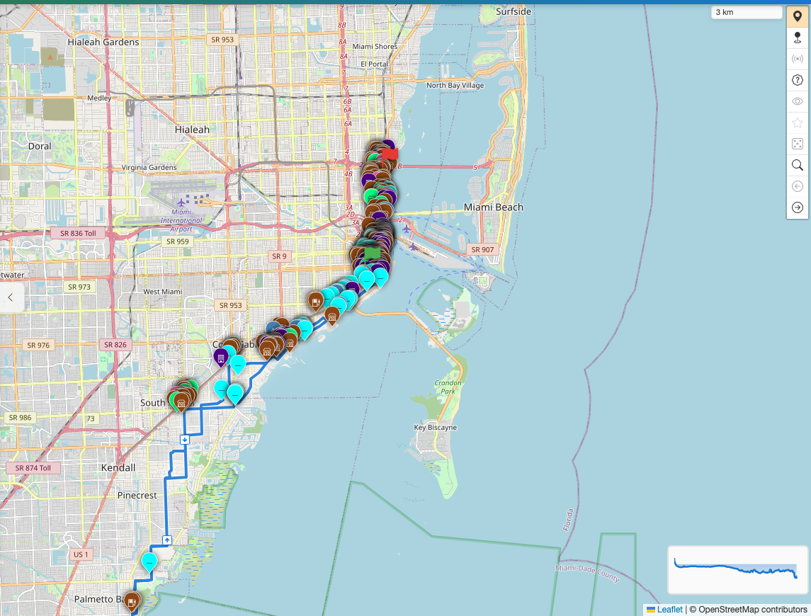 A route into Miami covered in points of interest found by a single PostGIS corridor query