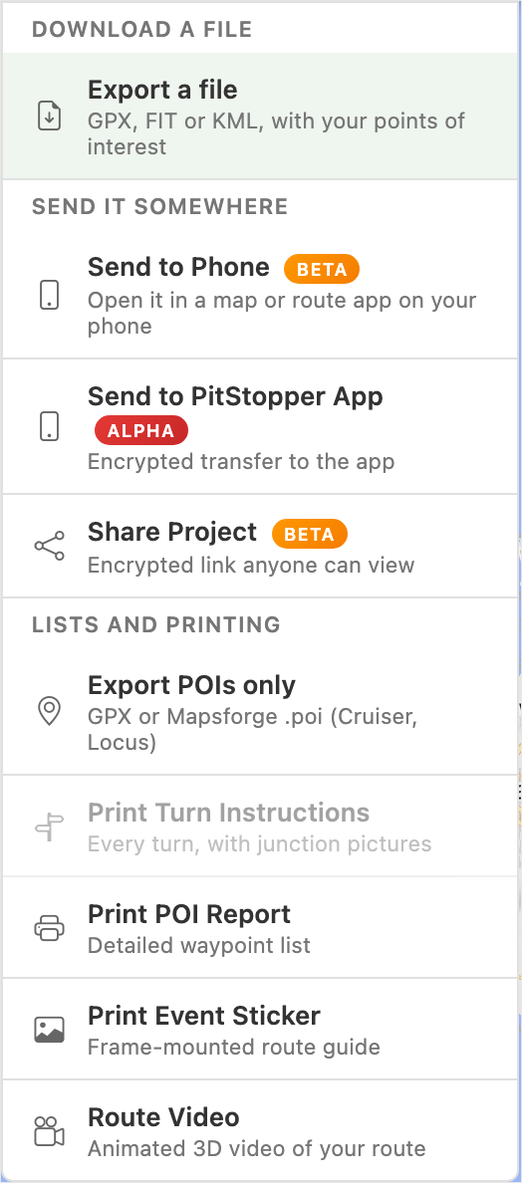 The PitStopper Export menu, with Send to Phone listed under a heading reading Send it somewhere, above Send to PitStopper App and Share Project