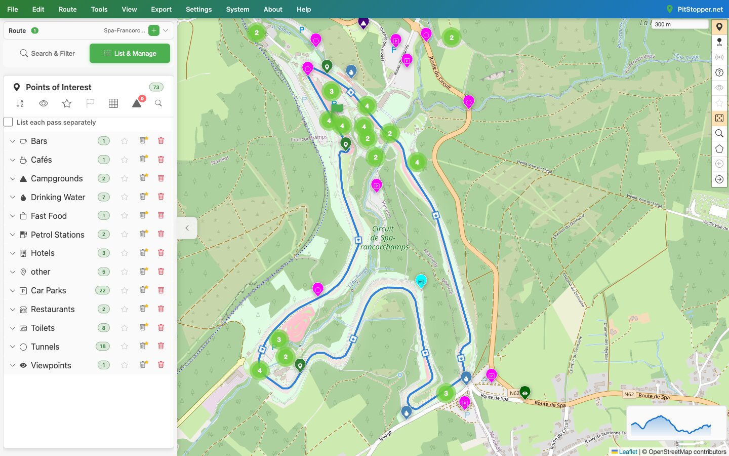 The unmistakable outline: 6.98 km per lap, with the spectator infrastructure mapped around it PitStopper showing the Spa-Francorchamps lap with points of interest around the circuit