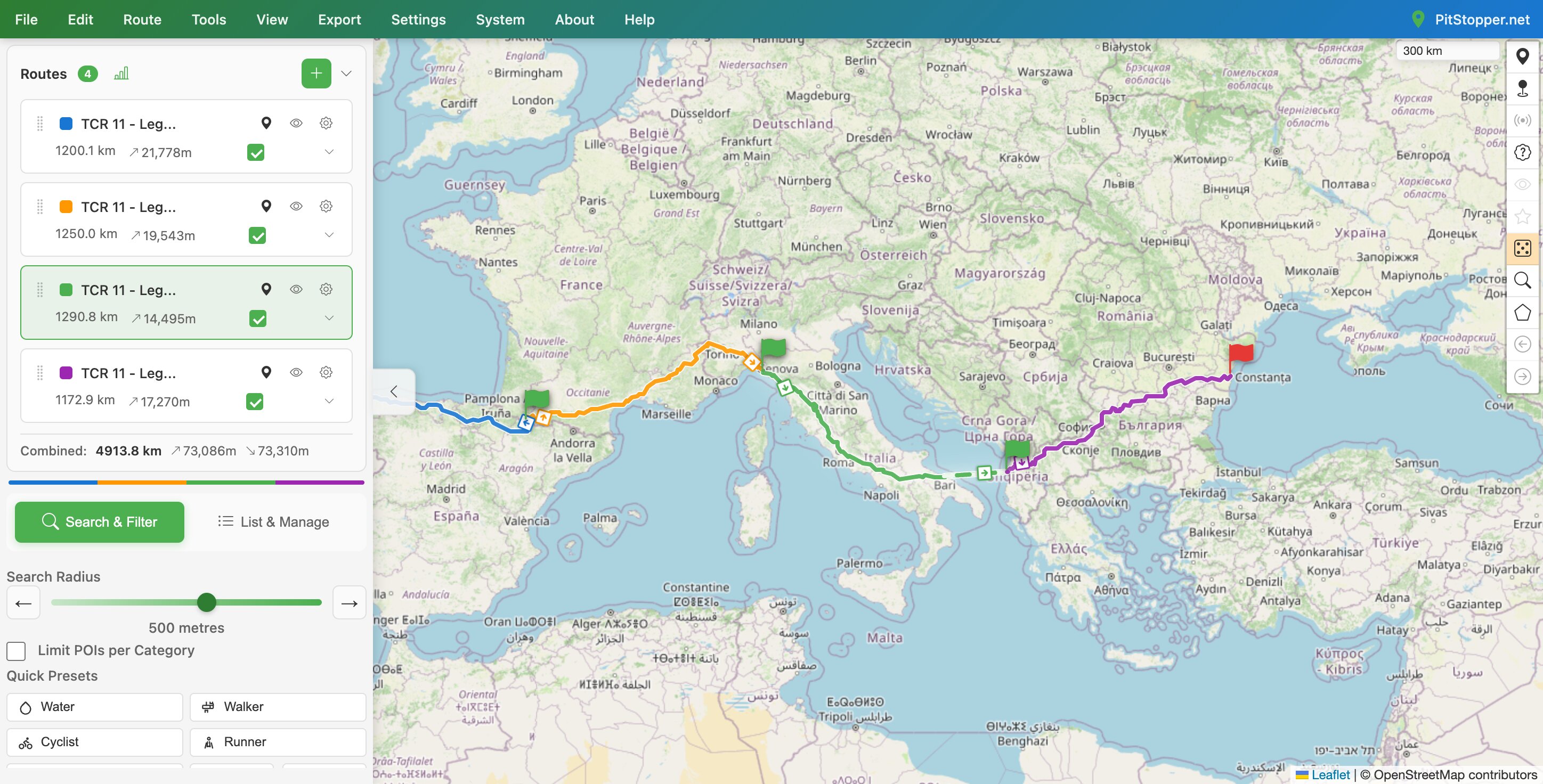 PitStopper showing the Transcontinental route split into four coloured legs of roughly 1,200 km each, listed in the Routes panel with per-leg distance and climbing