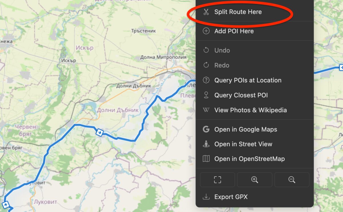 PitStopper's right-click menu on the route with Split Route Here highlighted