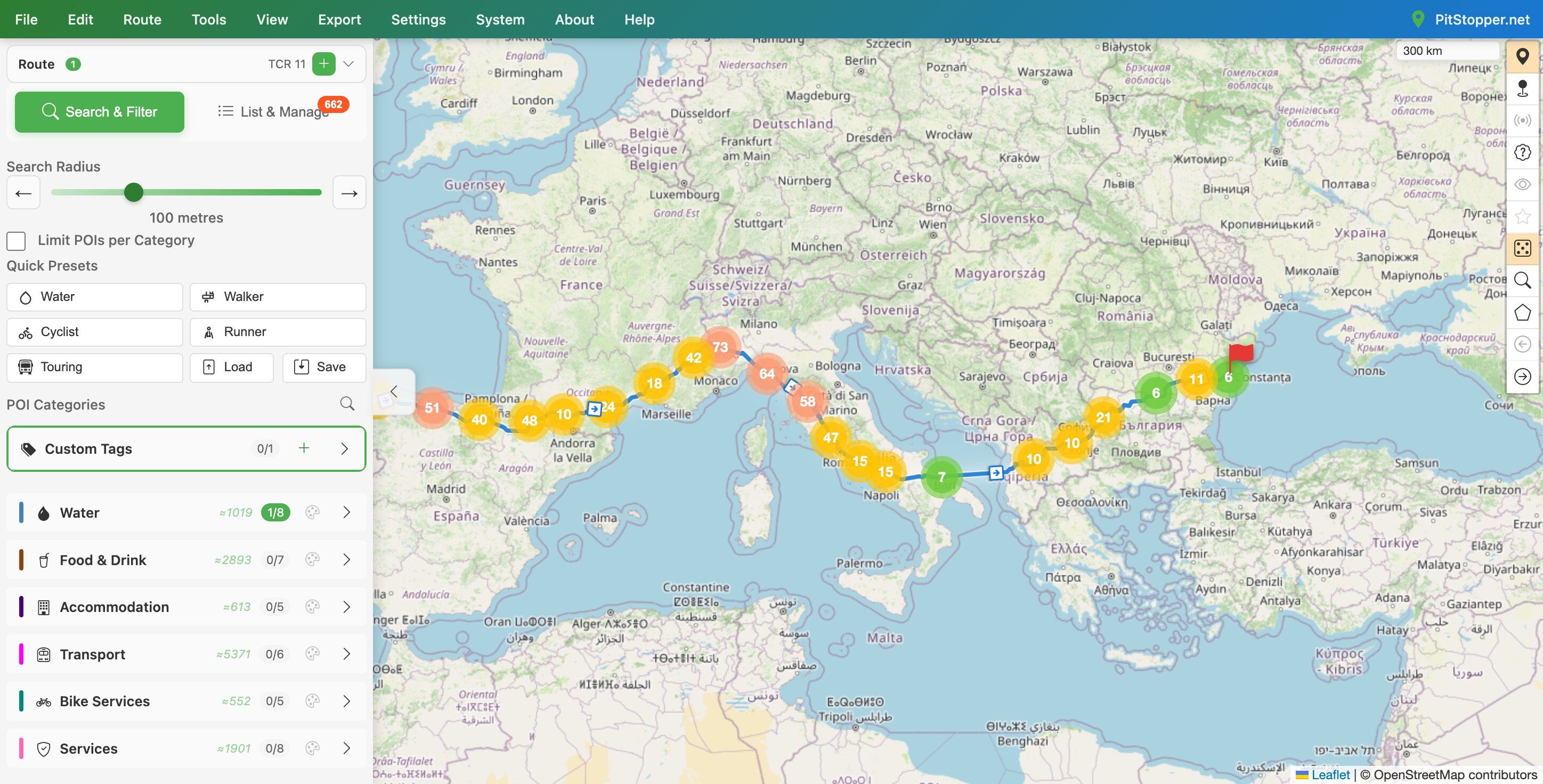 Full Transcontinental route from Santiago de Compostela to Constanța with drinking water POIs clustered along it - dense through Spain, France and Italy, sparse through the Balkans