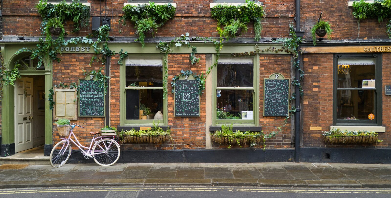 The correct way to park at a feed stop A bicycle leaning against the ivy-covered front of a brick pub