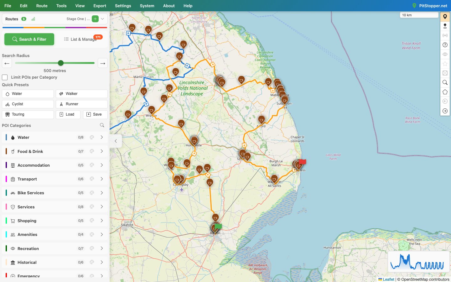 Stage 2: Boston to Skegness - 69 pubs on one stage, from the Wolds villages to the seafront PitStopper map of the Boston to Skegness stage with pub markers along the whole route