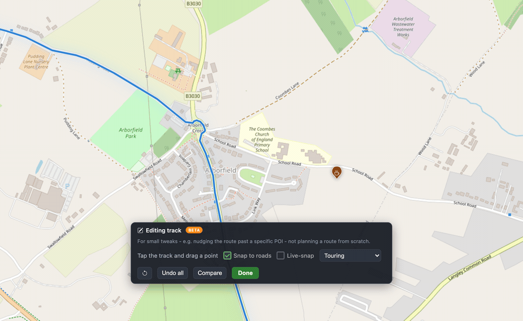 Animation: the route is dragged east from Arborfield Cross along School Road to pass a cafe, then snaps to follow the road, adding 0.68 km