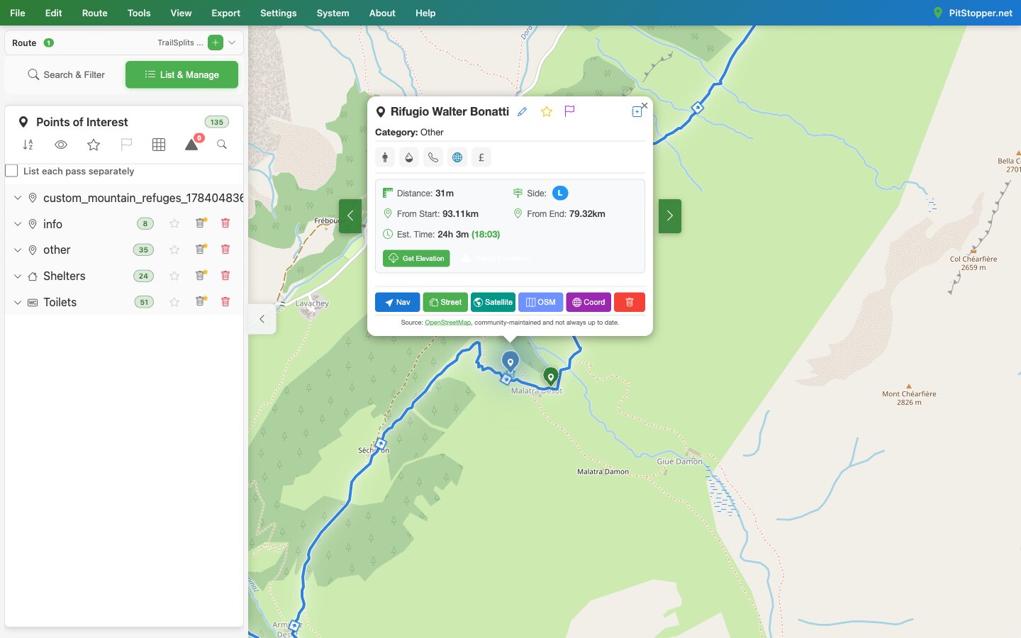 PitStopper popup for Rifugio Walter Bonatti showing 93.11 km from start and an estimated arrival time of 18:03