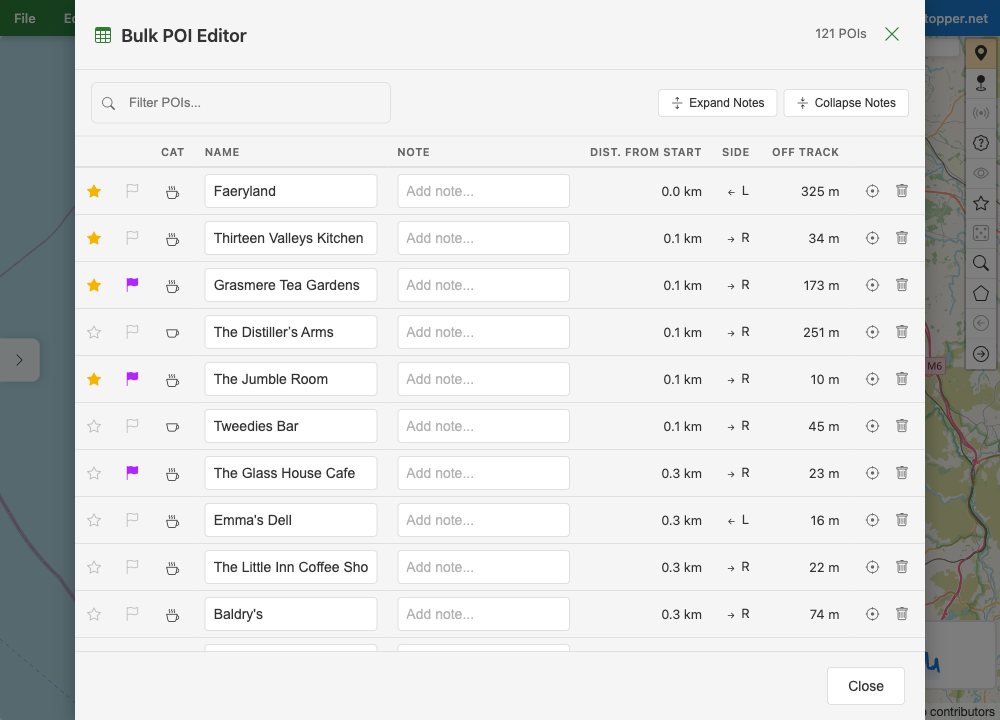 Bulk POI Editor table showing POIs with editable names, notes, distances and star/flag markers