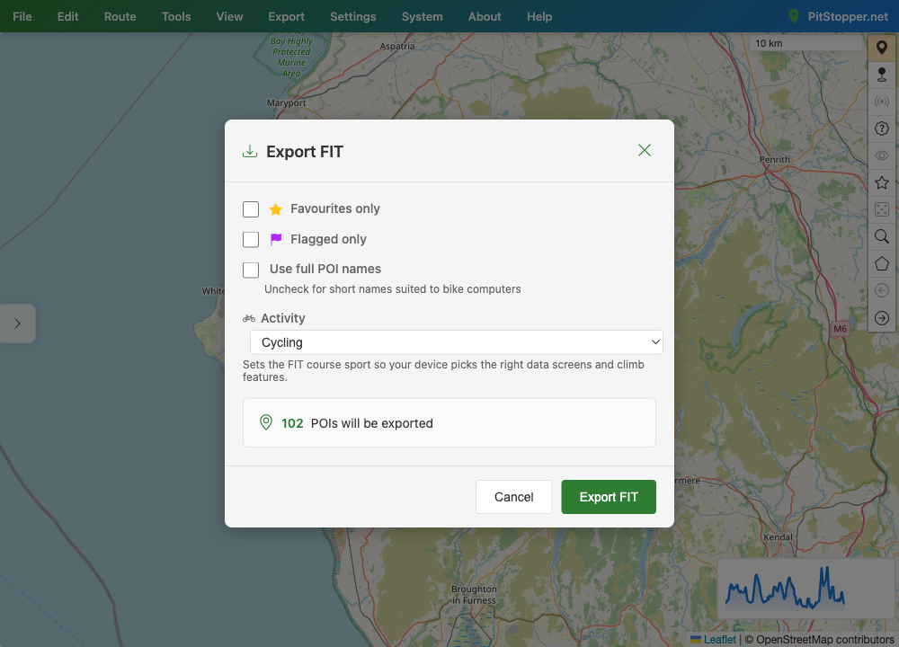 Export FIT dialog with Starred/Flagged filters, activity sport selector and POI count