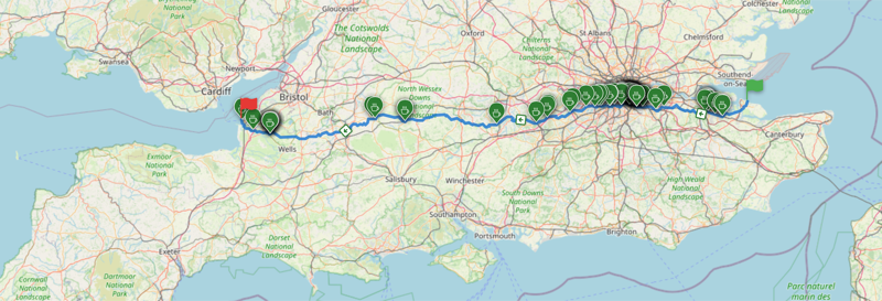 Cafes shown as markers along the route